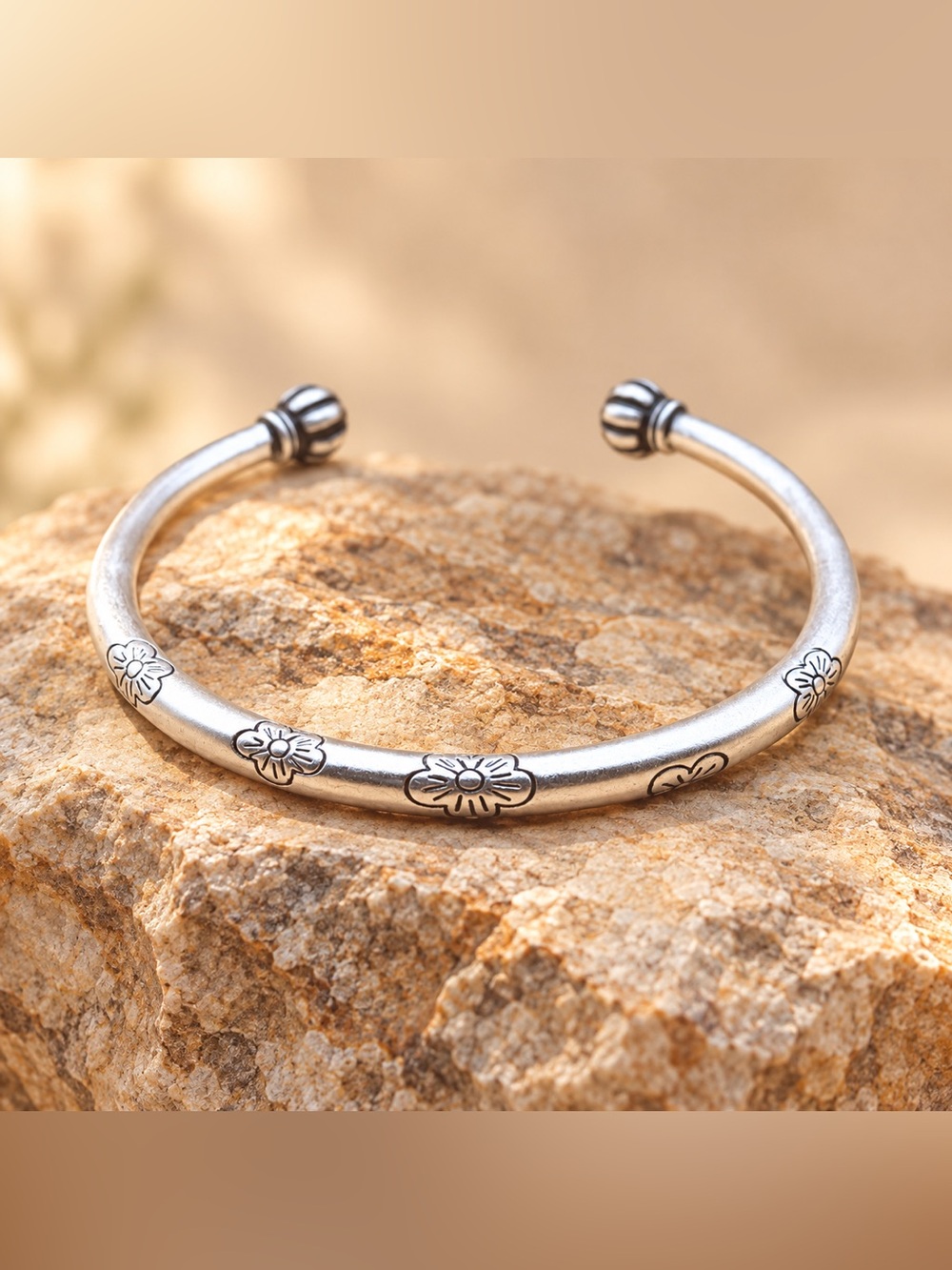 Silver coated flower cuff open bangle bracelet